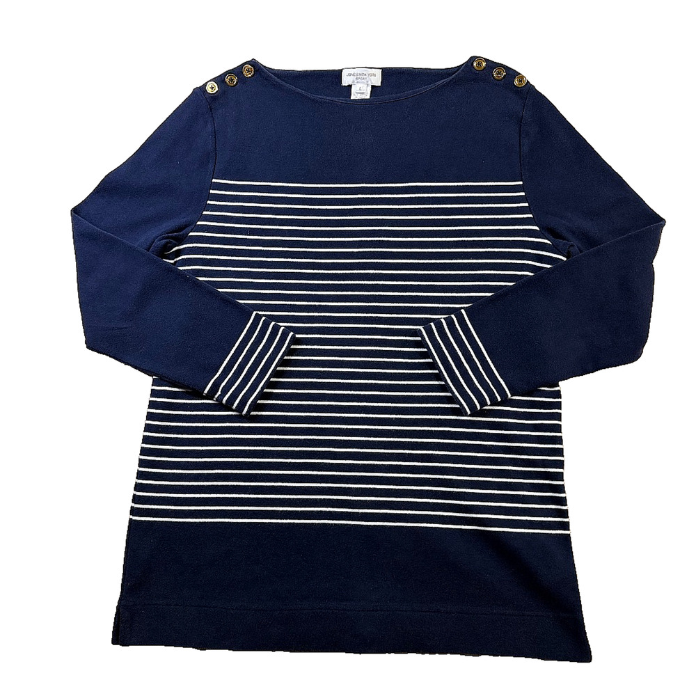 Jones New York Sport Breton Stripe Boat Neck Top Gold Button Shoulders L